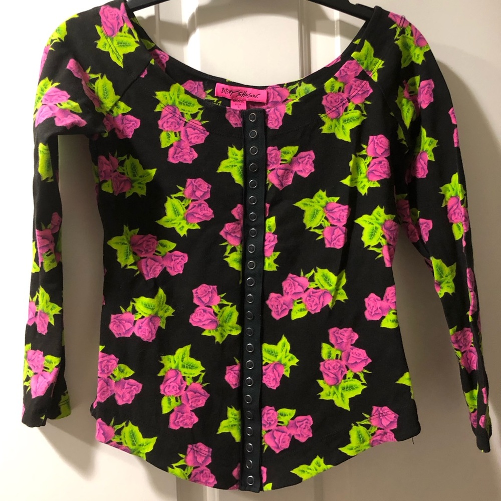 Betsey Johnson hot pink roses long sleeve top